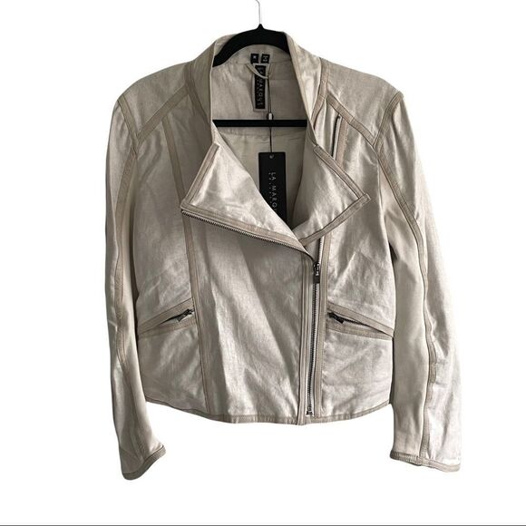 LAMARQUE COLLECTION Alexandra Asymmetrical Linen Leather Moto Biker Jacket M - Picture 1 of 12